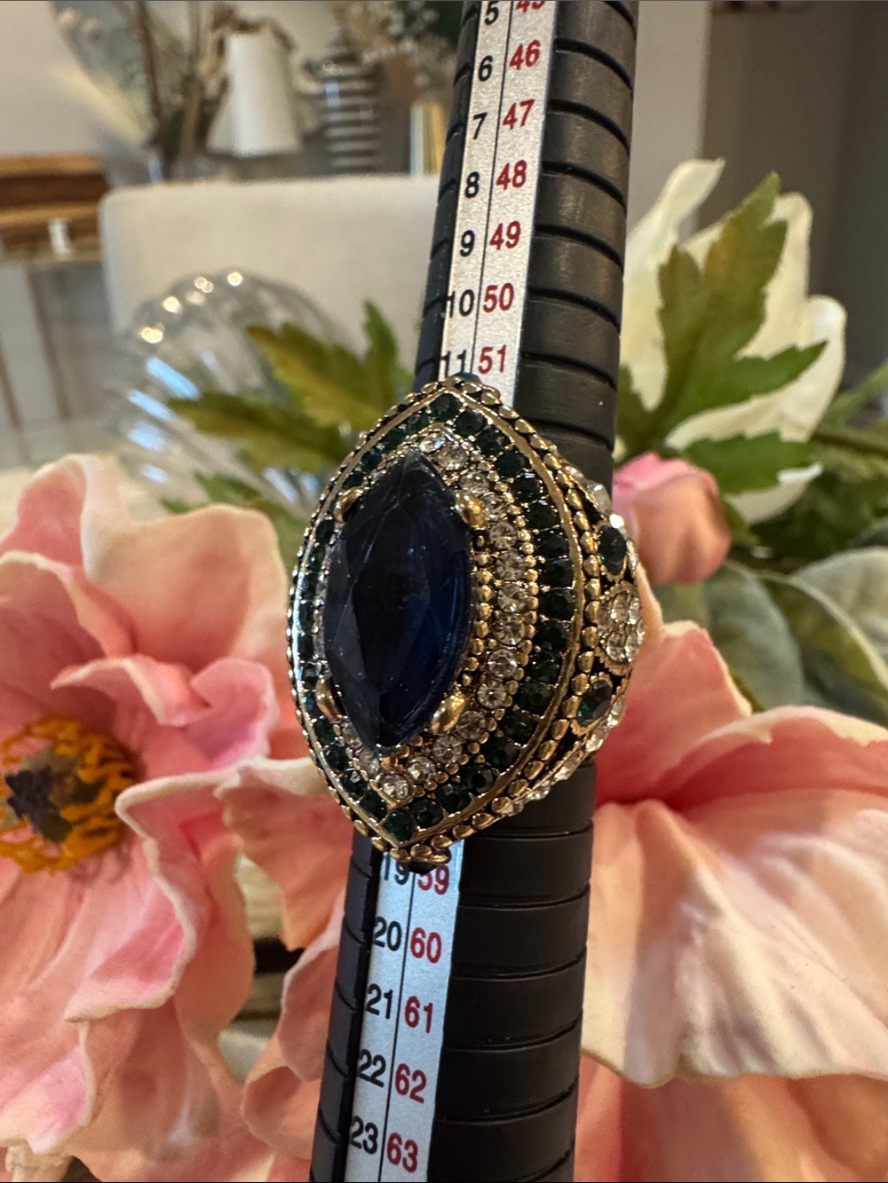 VTG Estate Navy Marquise Ring with Green and Clear crystals